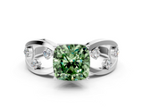 White gold Fancy Green Cushion  Cut Solitaire Diamond with Side Stones on Criss-Cross Band and Four-Prong Setting_3