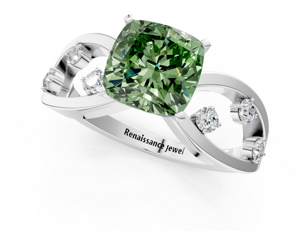 Platinum Fancy Green Cushion  Cut Solitaire Diamond with Side Stones on Criss-Cross Band and Four-Prong Setting