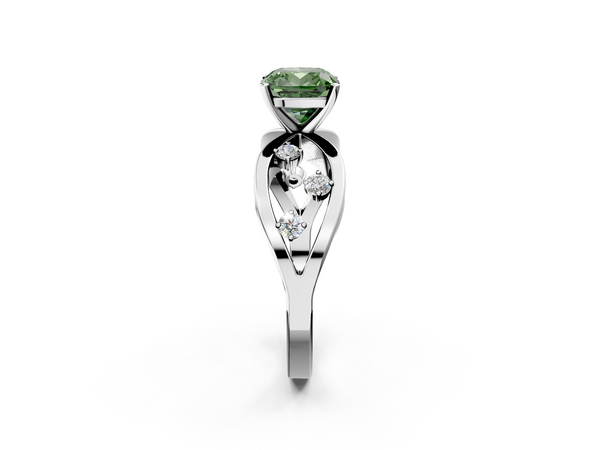Platinum Fancy Green Cushion  Cut Solitaire Diamond with Side Stones on Criss-Cross Band and Four-Prong Setting