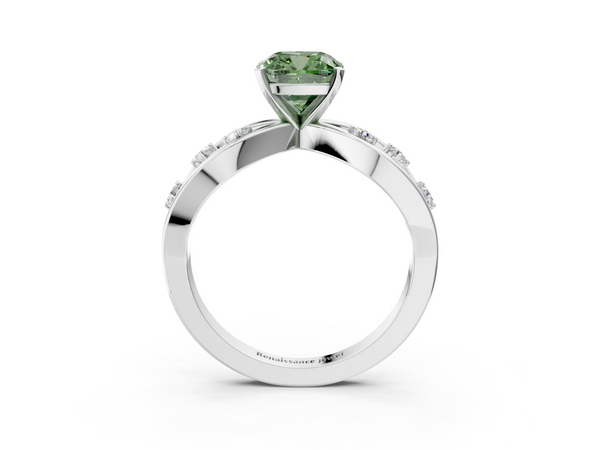 Platinum Fancy Green Cushion  Cut Solitaire Diamond with Side Stones on Criss-Cross Band and Four-Prong Setting