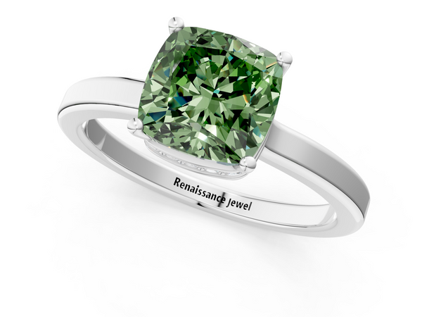 White gold Fancy Green Cushion  Cut Solitaire Engagement Ring with Four-Prong Setting on a Classic Band