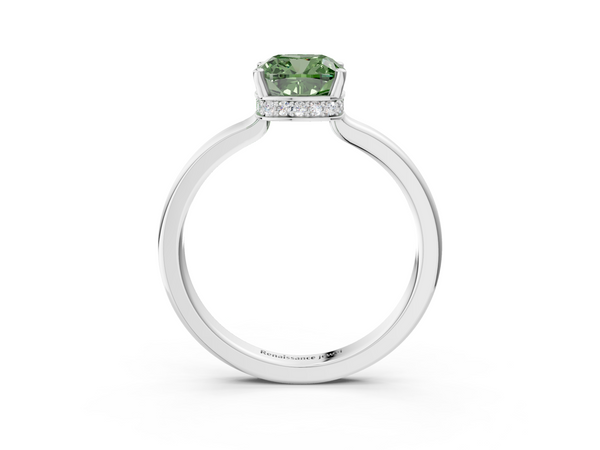 White gold Fancy Green Cushion  Cut Solitaire Engagement Ring with Four-Prong Setting on a Classic Band