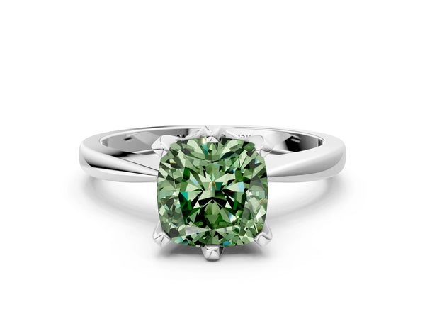 White gold Fancy Green Cushion Cut Solitaire Engagement Ring with Six-Prong Setting and Tapered Band