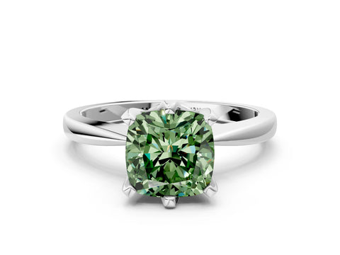White gold Fancy Green Cushion Cut Solitaire Engagement Ring with Six-Prong Setting and Tapered Band