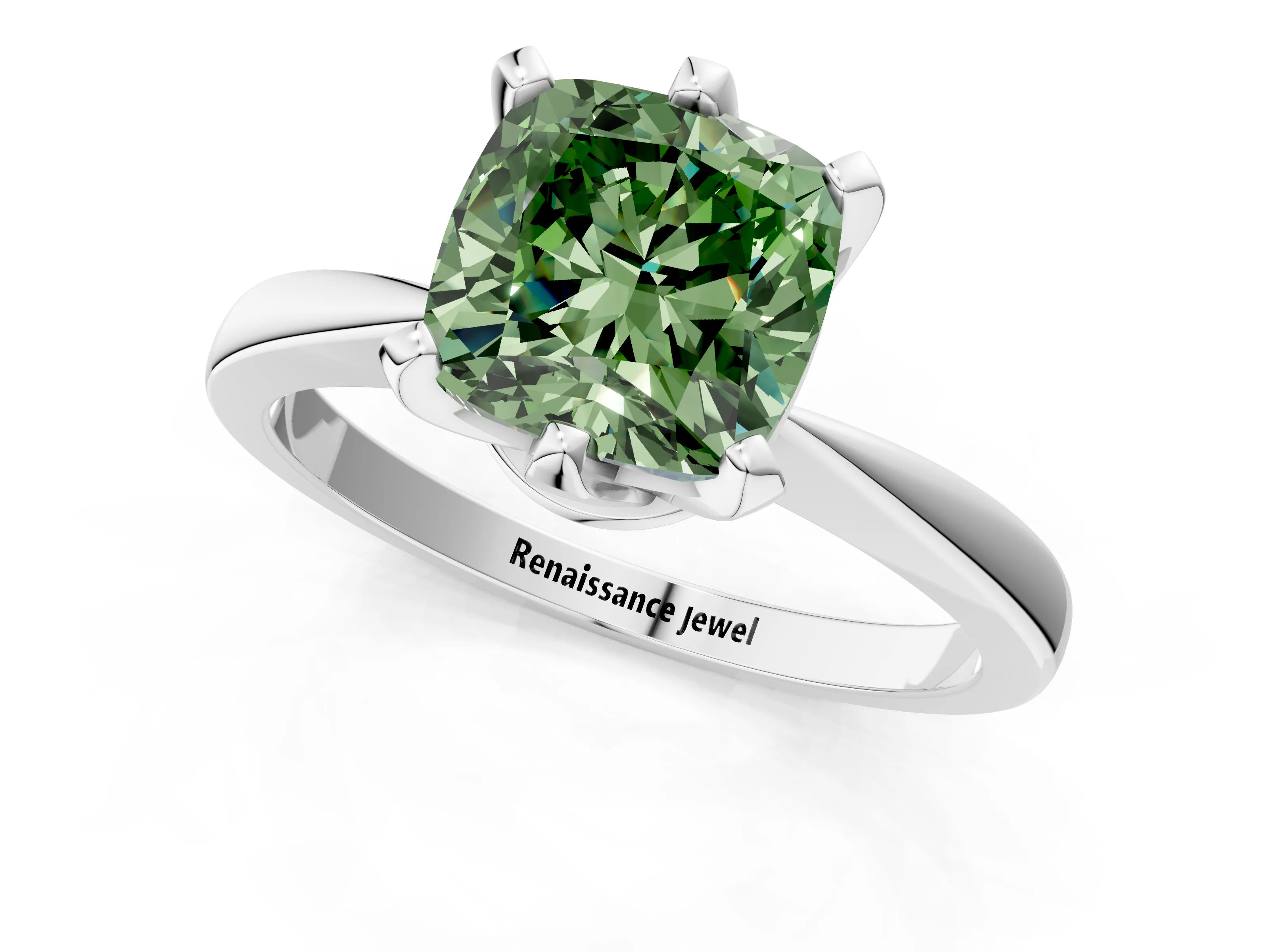 White gold Fancy Green Cushion Cut Solitaire Engagement Ring with Six-Prong Setting and Tapered Band_1