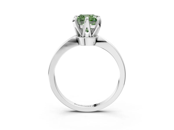 White gold Fancy Green Cushion Cut Solitaire Engagement Ring with Six-Prong Setting and Tapered Band