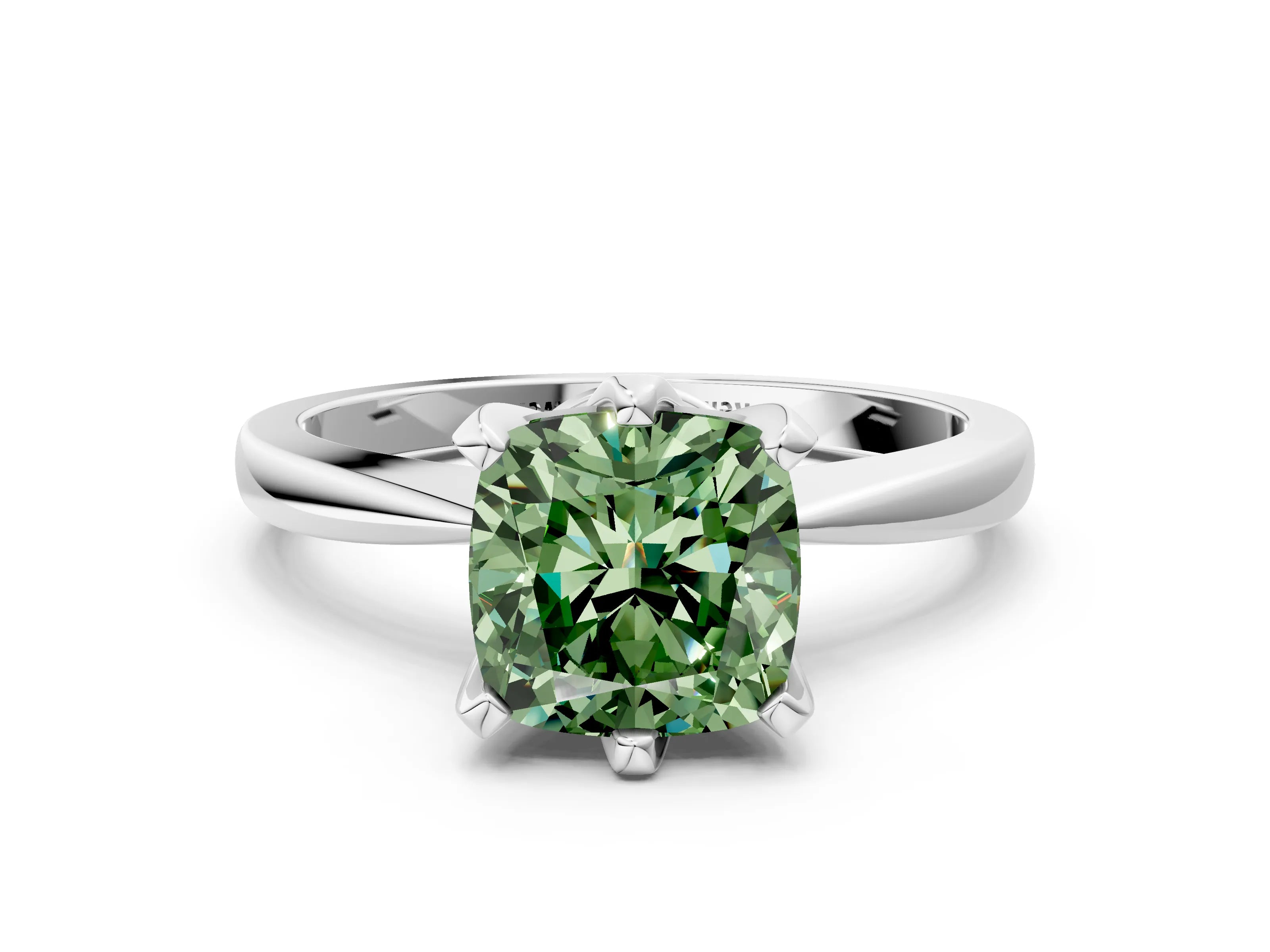 White gold Fancy Green Cushion Cut Solitaire Engagement Ring with Six-Prong Setting and Tapered Band