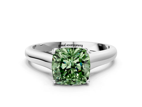 White gold Fancy Green Cushion Cut Solitaire Engagement Ring with Tapered Band and Four-Prong Setting_15