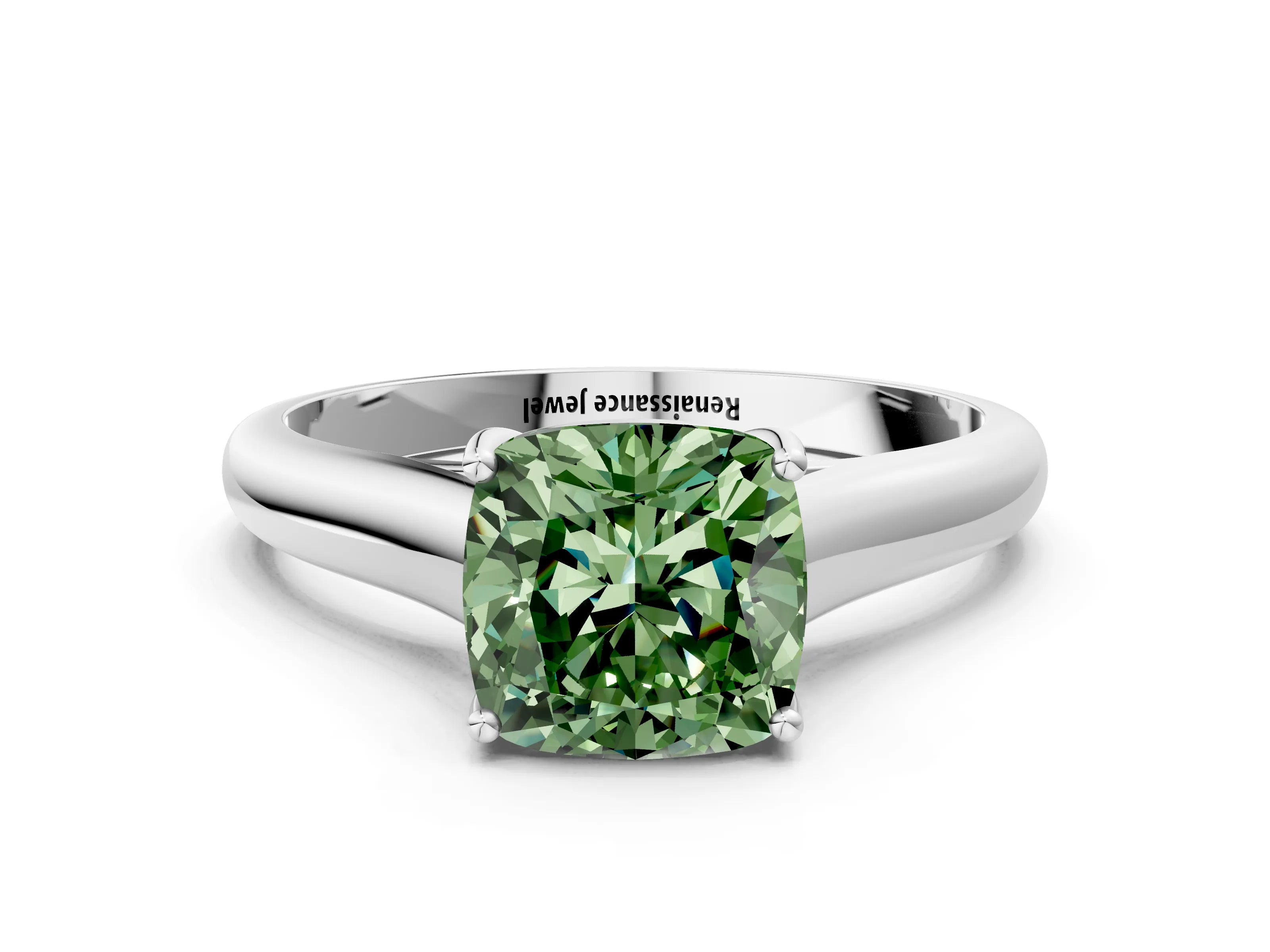 White gold Fancy Green Cushion Cut Solitaire Engagement Ring with Tapered Band and Four-Prong Setting_27