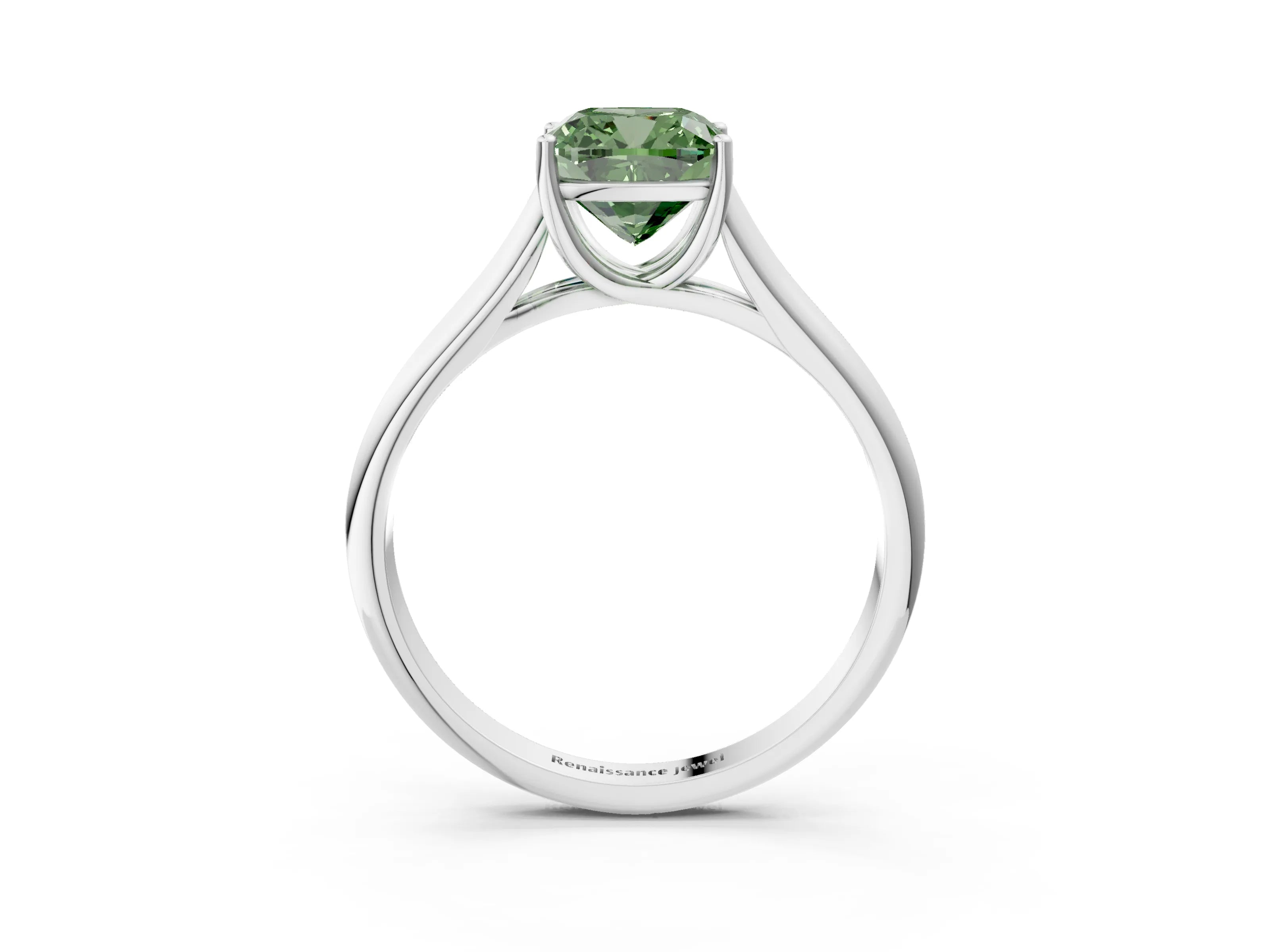 White gold Fancy Green Cushion Cut Solitaire Engagement Ring with Tapered Band and Four-Prong Setting_30