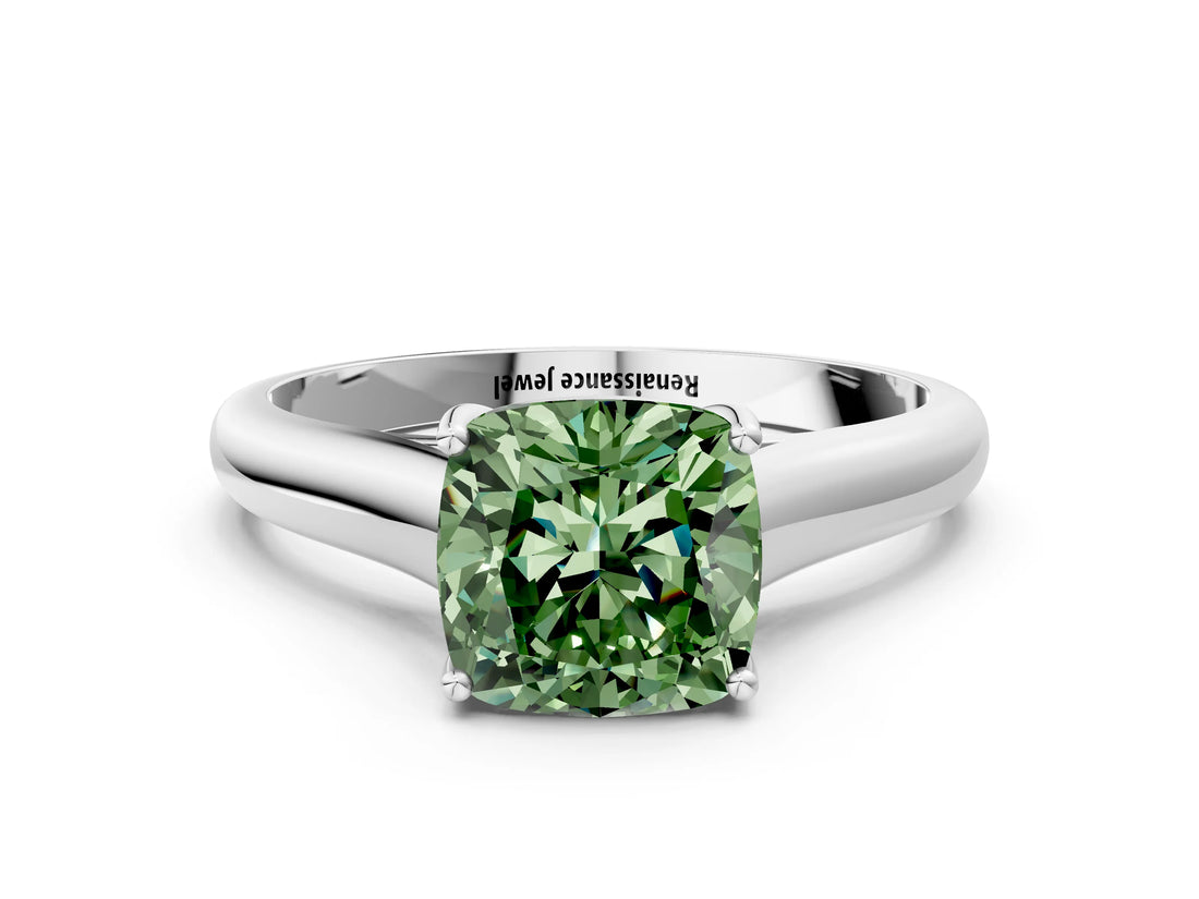 White gold Fancy Green Cushion Cut Solitaire Engagement Ring with Tapered Band and Four-Prong Setting_51