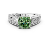 White gold Fancy Green Cushion  Cut Solitaire Engraved Band with Four-Prong Setting_62