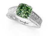 White gold Fancy Green Cushion  Cut Solitaire Engraved Band with Four-Prong Setting_63