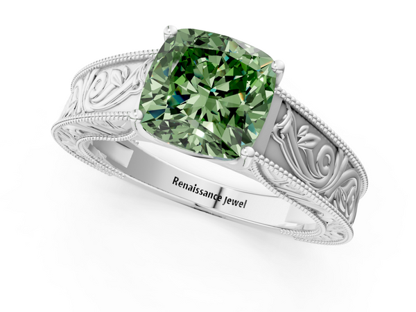 Sterling Silver Cushion Cut Engraved Solitaire Engagement Ring Setting for Fancy Green Center