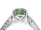 White gold Fancy Green Cushion  Cut Solitaire Engraved Band with Four-Prong Setting_66