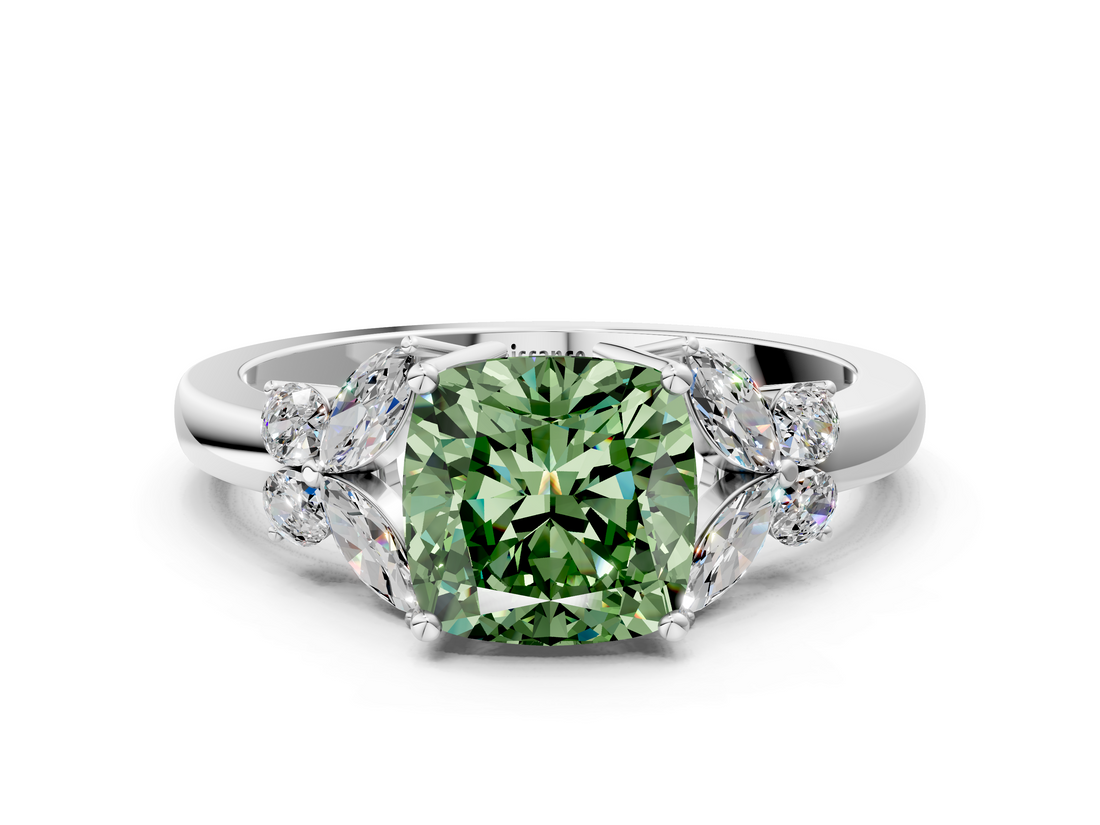 White gold Fancy Green Cushion  Cut Solitaire Floral Diamond Ring with Four-Prong Setting_37