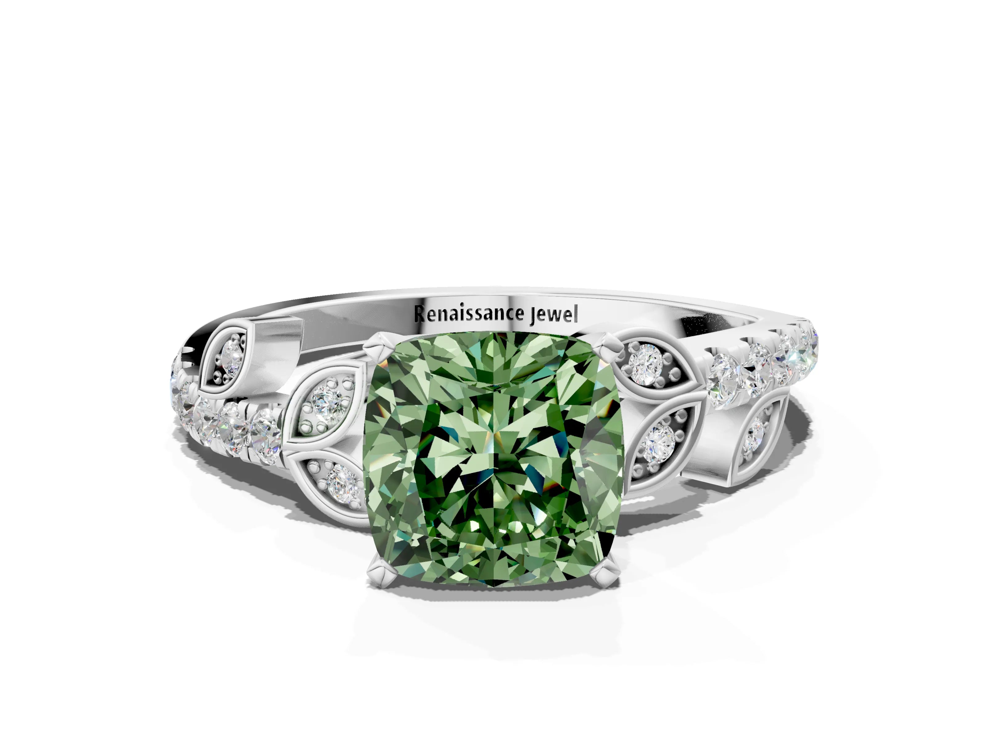 White gold Fancy Green Cushion Cut Solitaire Leaf-Inspired Diamond Ring with Pavé Band and Four-Prong Setting_12