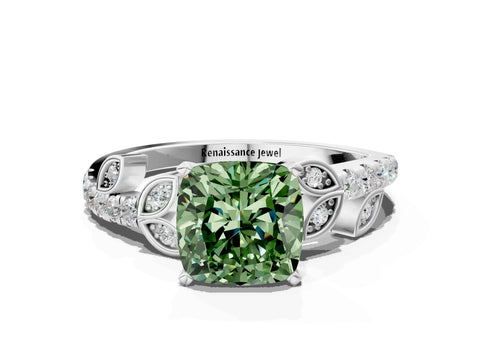 White gold Fancy Green Cushion Cut Solitaire Leaf-Inspired Diamond Ring with Pavé Band and Four-Prong Setting_12