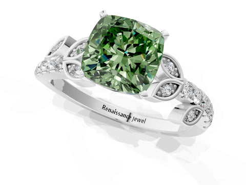 White gold Fancy Green Cushion Cut Solitaire Leaf-Inspired Diamond Ring with Pavé Band and Four-Prong Setting_13