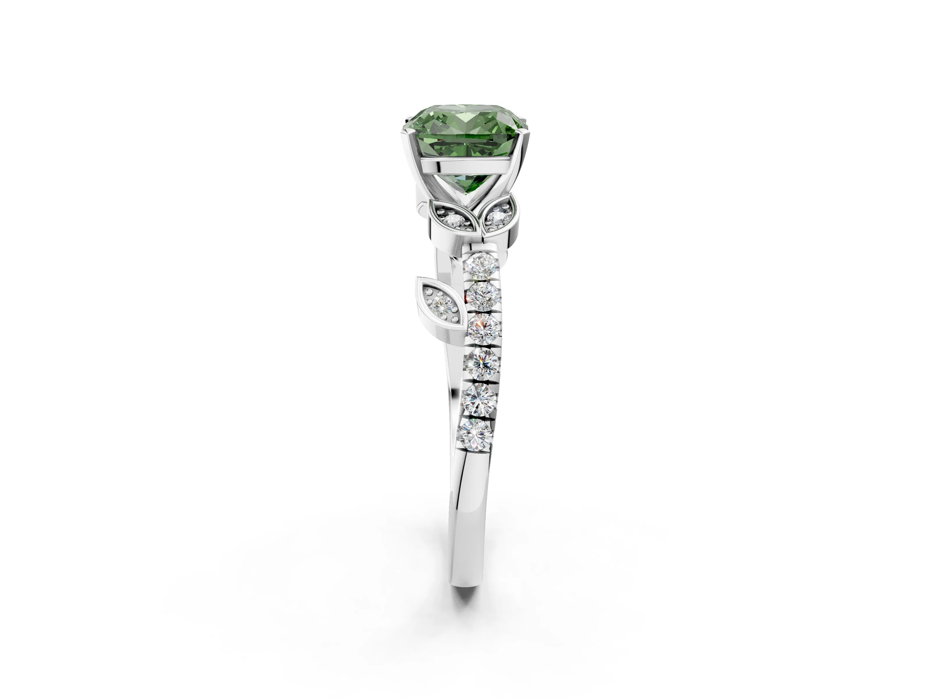 White gold Fancy Green Cushion Cut Solitaire Leaf-Inspired Diamond Ring with Pavé Band and Four-Prong Setting_14