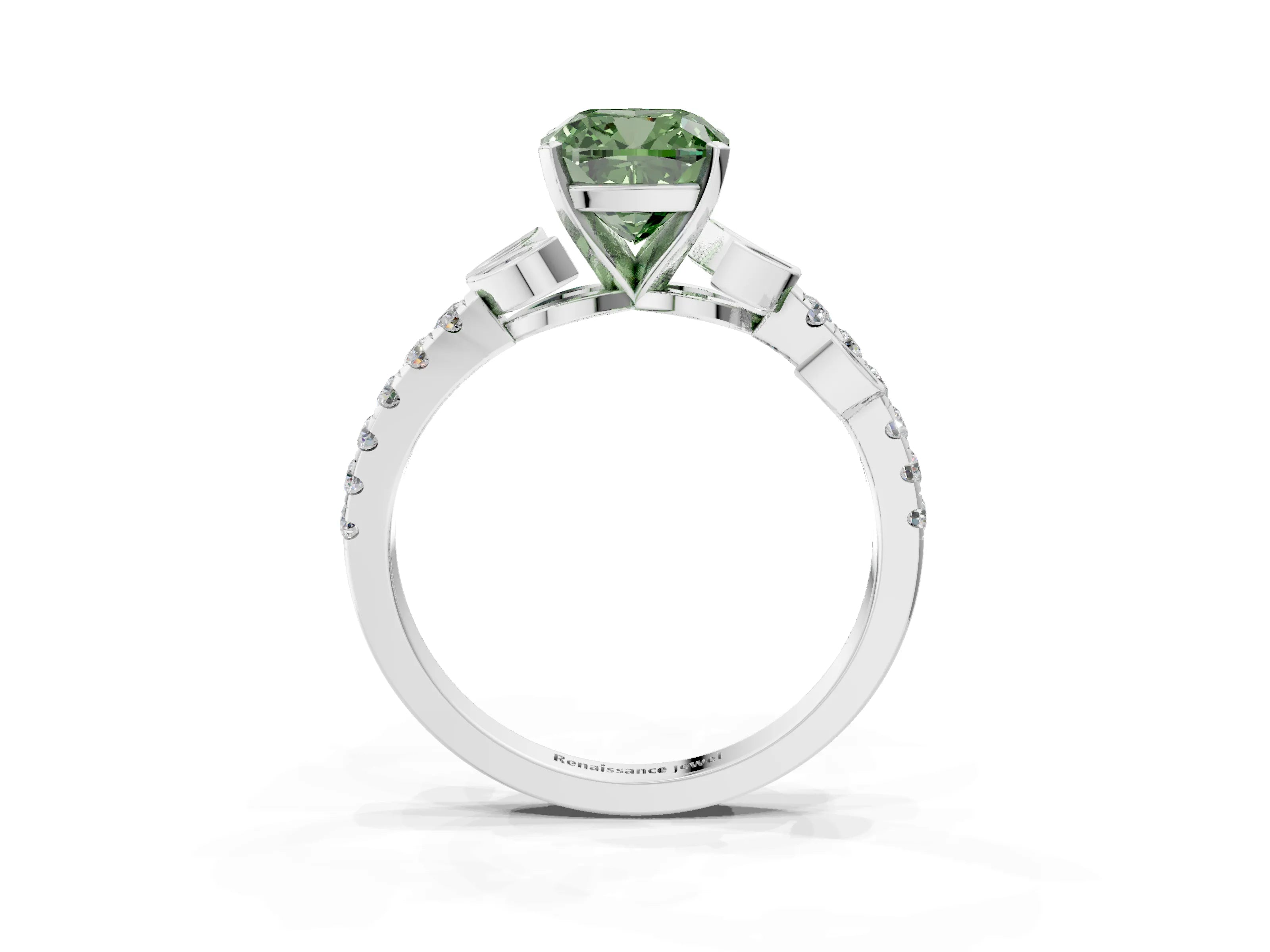 White gold Fancy Green Cushion Cut Solitaire Leaf-Inspired Diamond Ring with Pavé Band and Four-Prong Setting_15