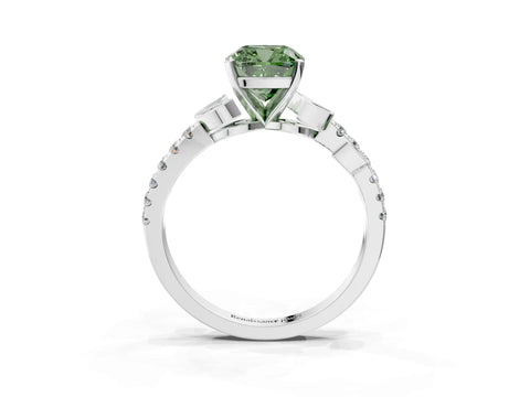 White gold Fancy Green Cushion Cut Solitaire Leaf-Inspired Diamond Ring with Pavé Band and Four-Prong Setting_15