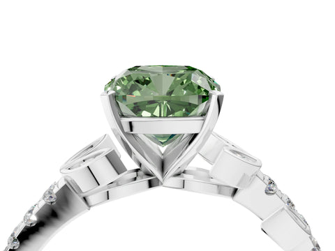 White gold Fancy Green Cushion Cut Solitaire Leaf-Inspired Diamond Ring with Pavé Band and Four-Prong Setting_16