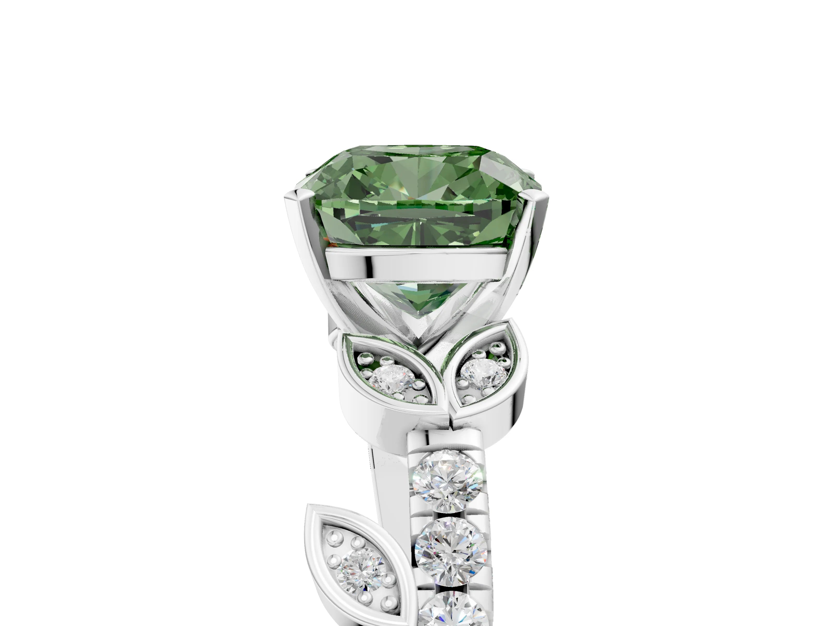White gold Fancy Green Cushion Cut Solitaire Leaf-Inspired Diamond Ring with Pavé Band and Four-Prong Setting_17