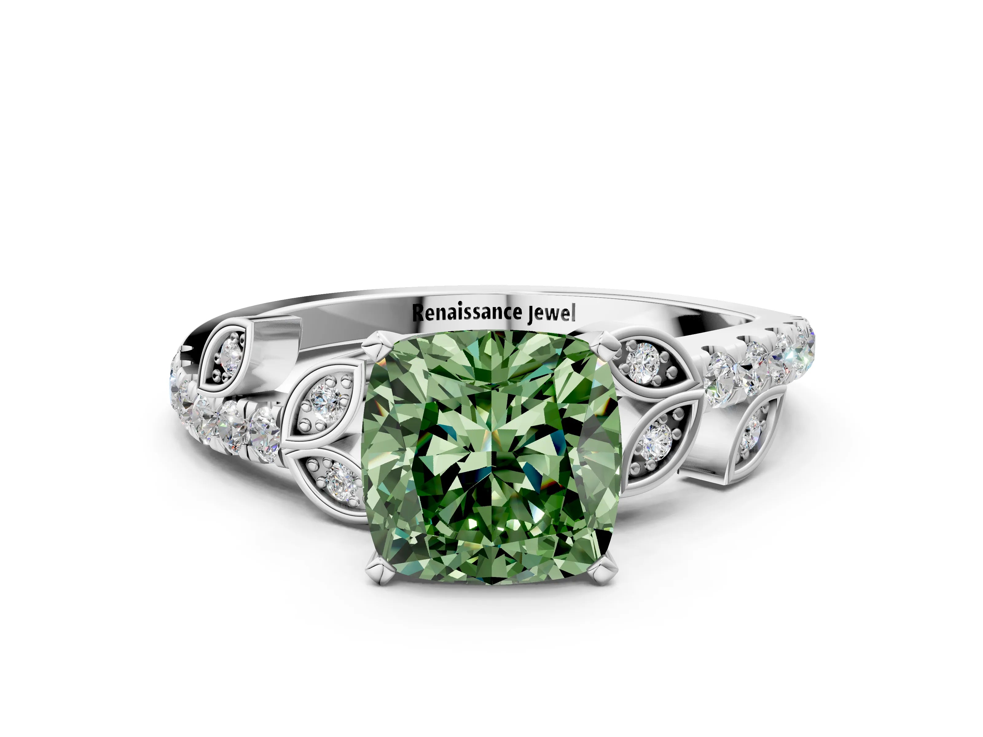 White gold Fancy Green Cushion Cut Solitaire Leaf-Inspired Diamond Ring with Pavé Band and Four-Prong Setting_24