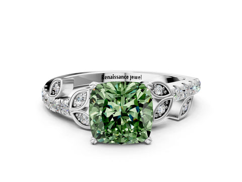 White gold Fancy Green Cushion Cut Solitaire Leaf-Inspired Diamond Ring with Pavé Band and Four-Prong Setting_24