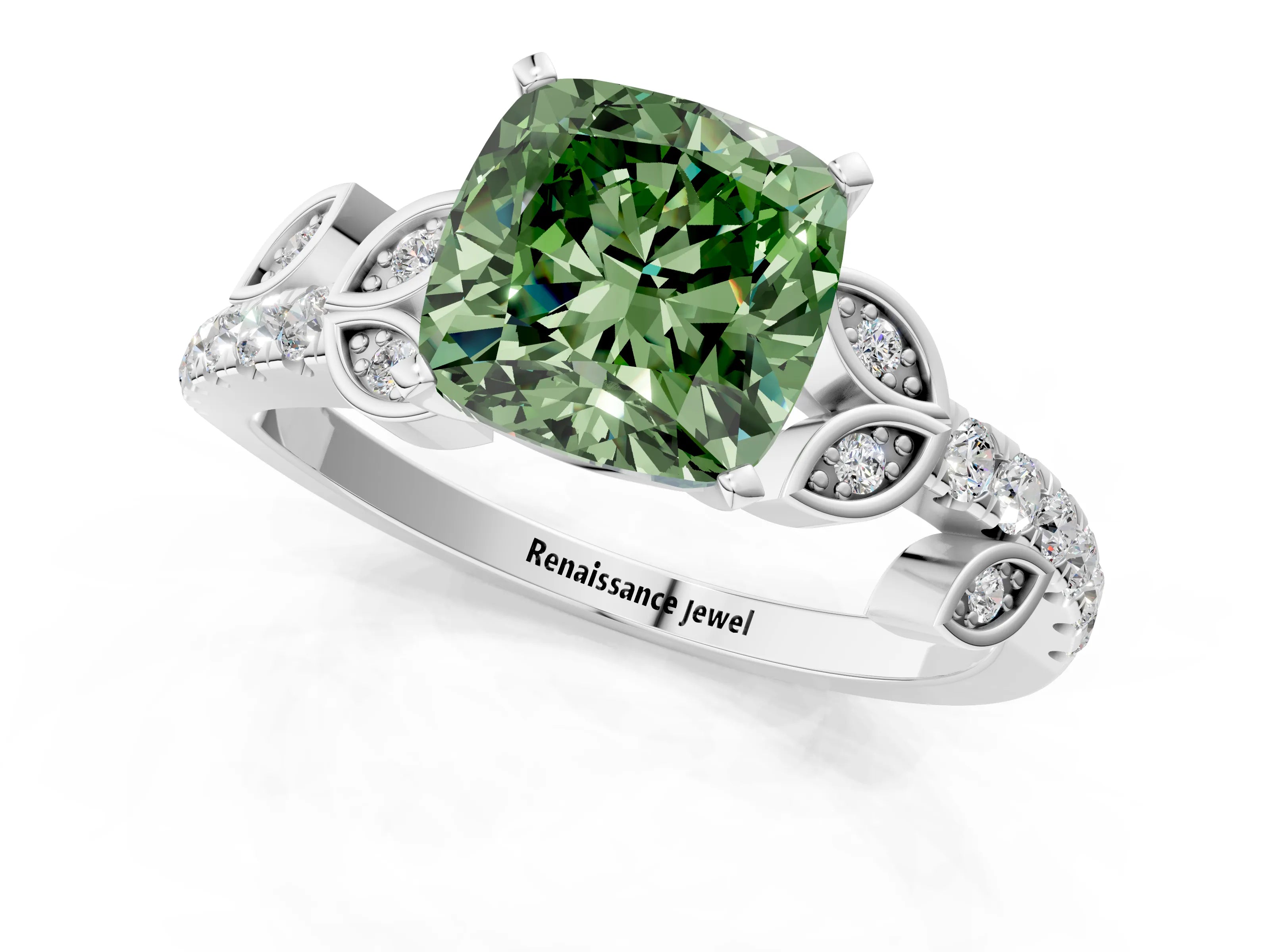 White gold Fancy Green Cushion Cut Solitaire Leaf-Inspired Diamond Ring with Pavé Band and Four-Prong Setting_25