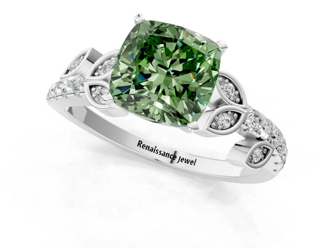 White gold Fancy Green Cushion Cut Solitaire Leaf-Inspired Diamond Ring with Pavé Band and Four-Prong Setting_25