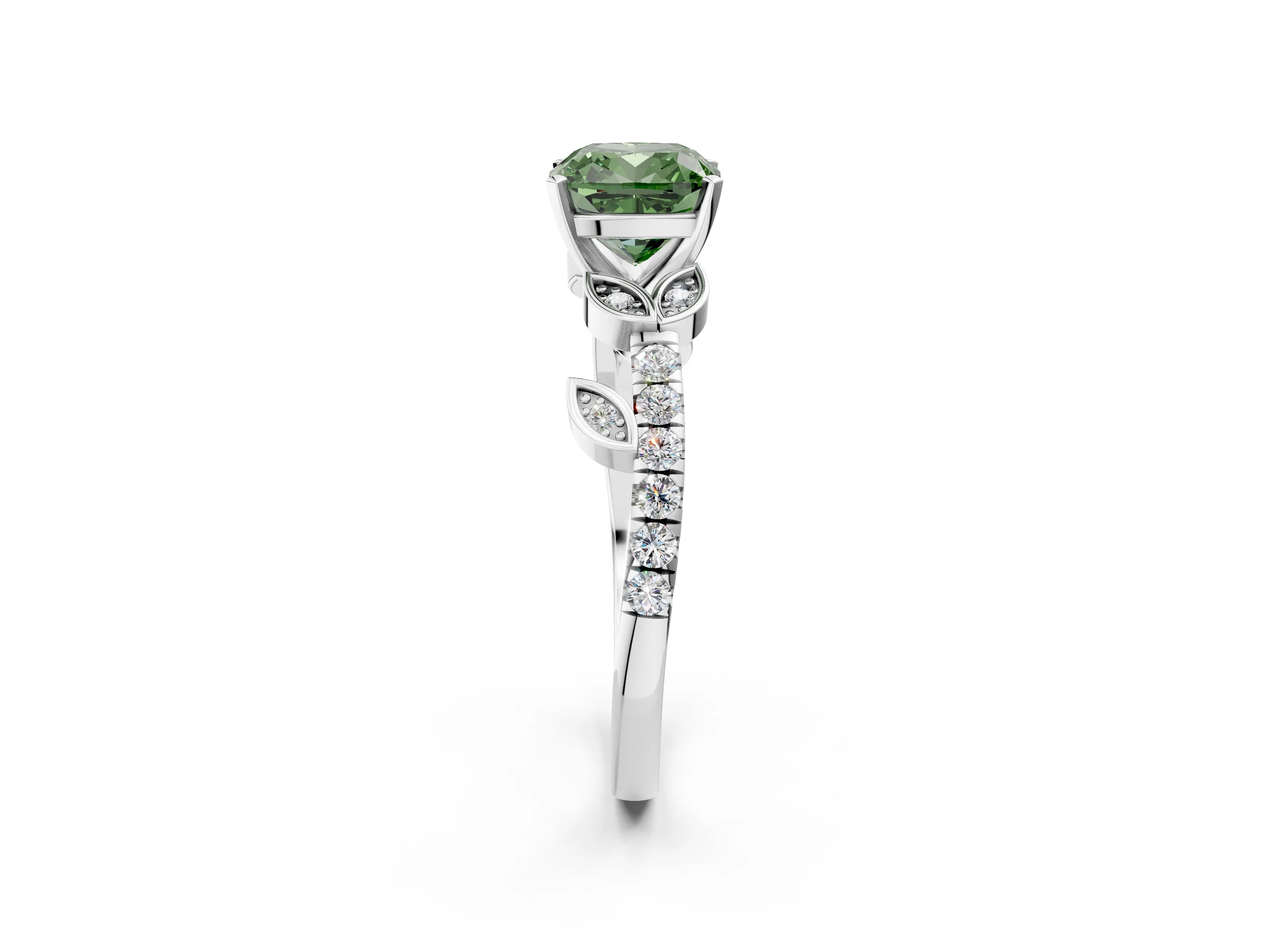 White gold Fancy Green Cushion Cut Solitaire Leaf-Inspired Diamond Ring with Pavé Band and Four-Prong Setting_26