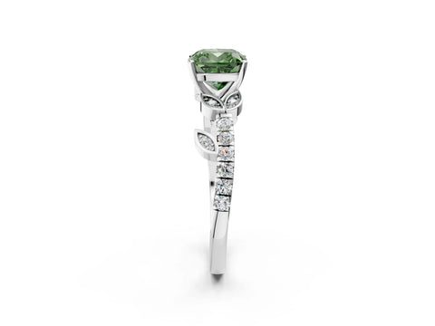 White gold Fancy Green Cushion Cut Solitaire Leaf-Inspired Diamond Ring with Pavé Band and Four-Prong Setting_26