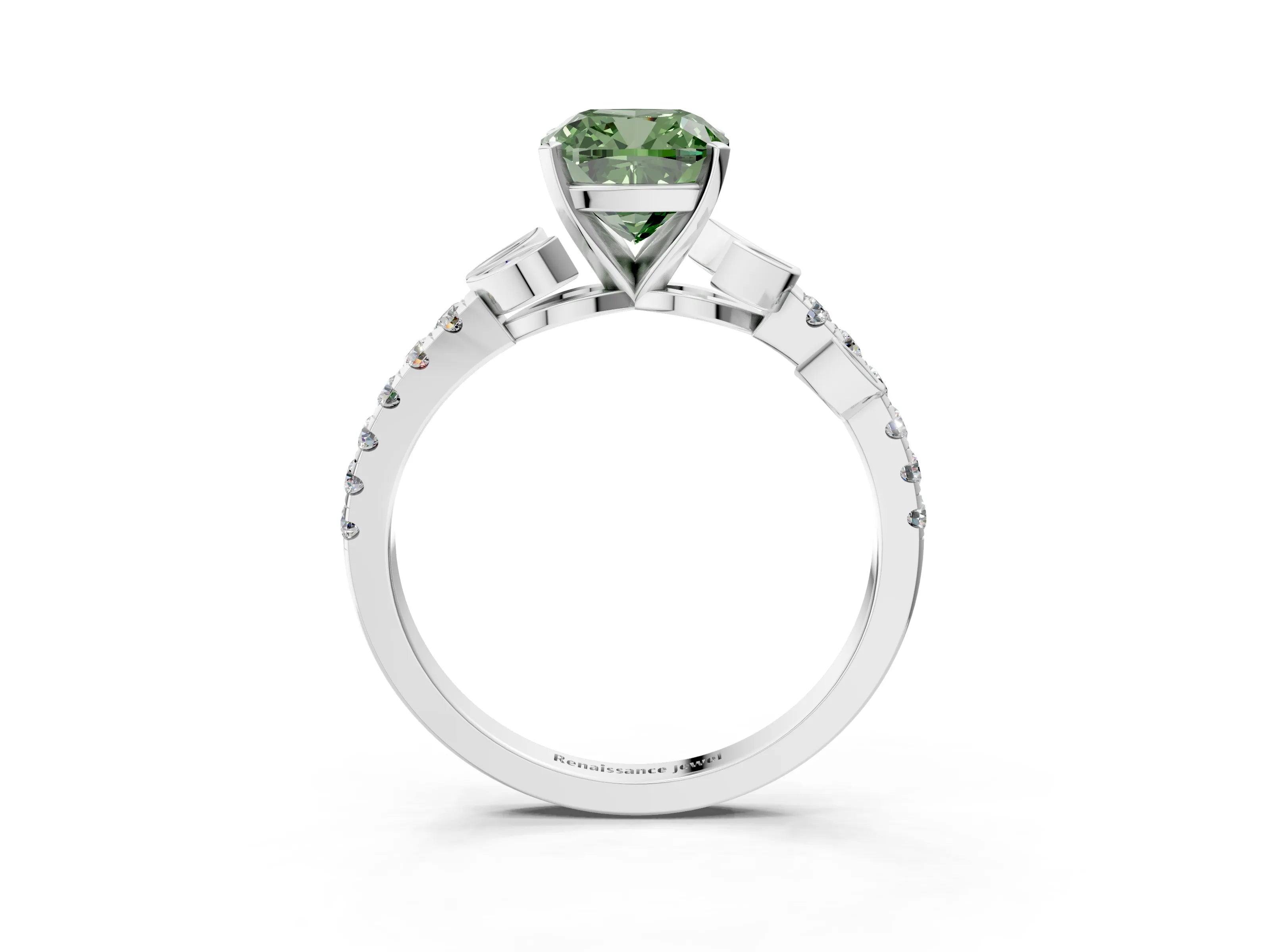 White gold Fancy Green Cushion Cut Solitaire Leaf-Inspired Diamond Ring with Pavé Band and Four-Prong Setting_27