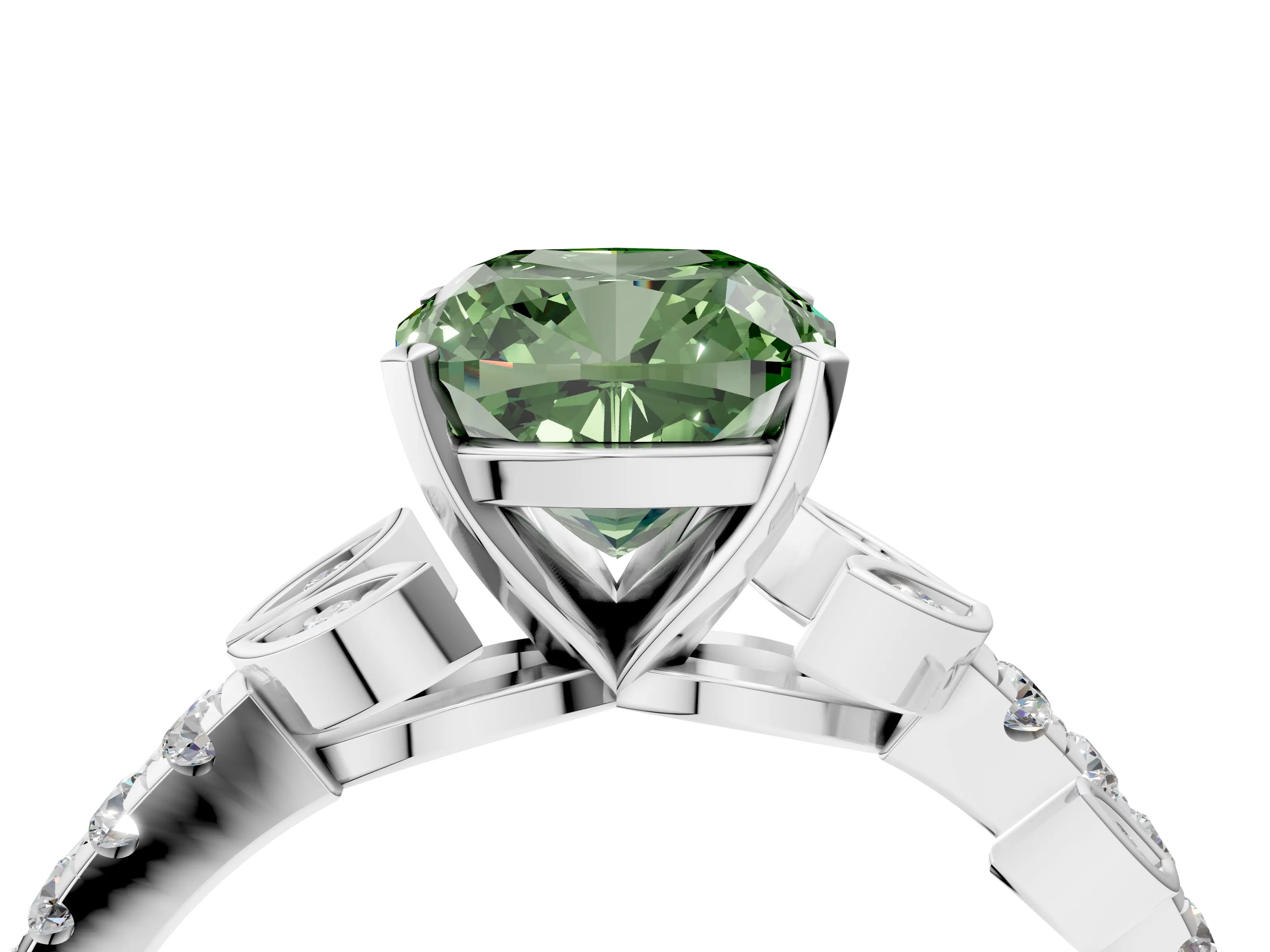 White gold Fancy Green Cushion Cut Solitaire Leaf-Inspired Diamond Ring with Pavé Band and Four-Prong Setting_28