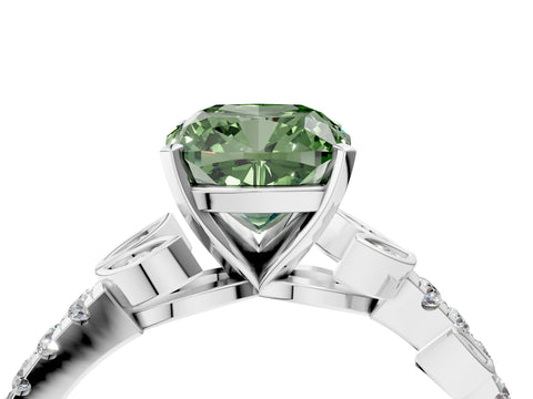 White gold Fancy Green Cushion Cut Solitaire Leaf-Inspired Diamond Ring with Pavé Band and Four-Prong Setting_28