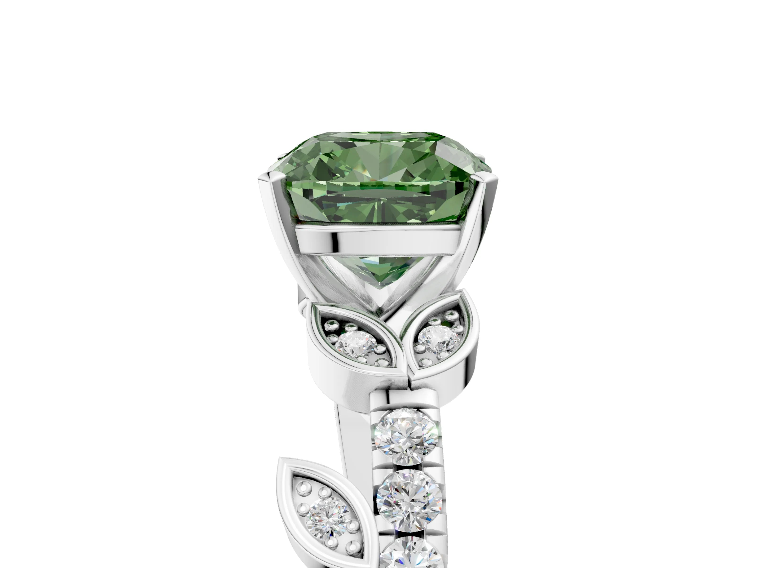 White gold Fancy Green Cushion Cut Solitaire Leaf-Inspired Diamond Ring with Pavé Band and Four-Prong Setting_29