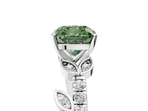 White gold Fancy Green Cushion Cut Solitaire Leaf-Inspired Diamond Ring with Pavé Band and Four-Prong Setting_29
