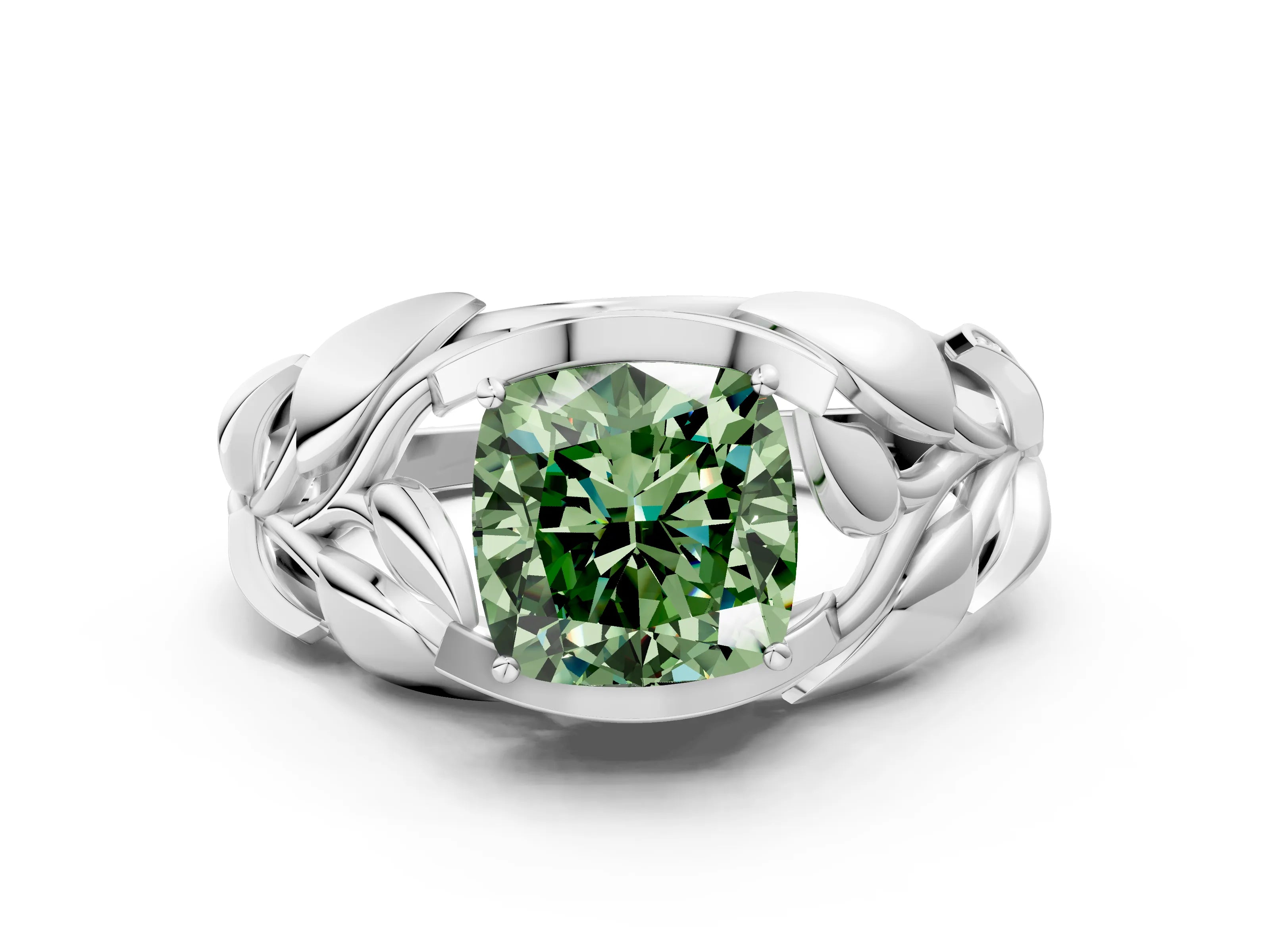 White gold Fancy Green Cushion Cut Solitaire Leaf-Inspired Engagement Ring with Prong Setting