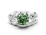 White gold Fancy Green Cushion Cut Solitaire Leaf-Inspired Engagement Ring with Prong Setting_12