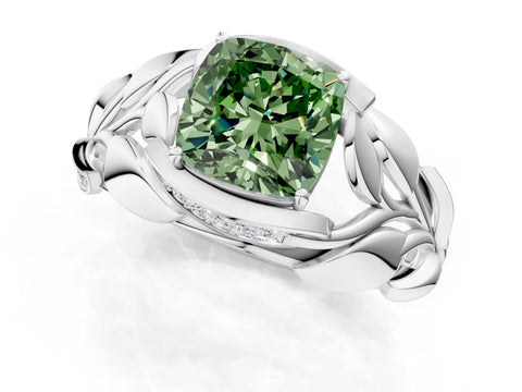 White gold Fancy Green Cushion Cut Solitaire Leaf-Inspired Engagement Ring with Prong Setting_1