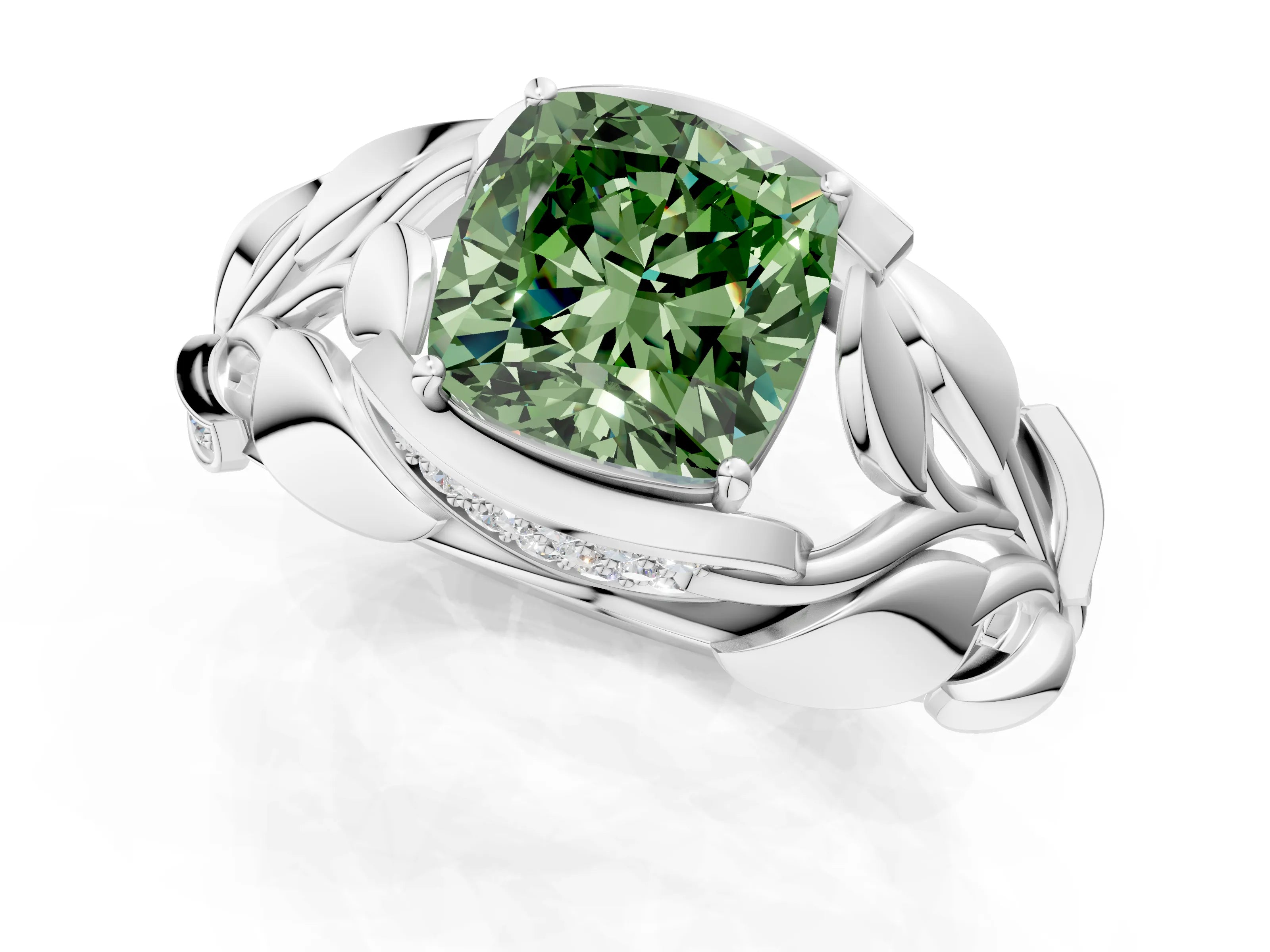 White gold Fancy Green Cushion Cut Solitaire Leaf-Inspired Engagement Ring with Prong Setting_1
