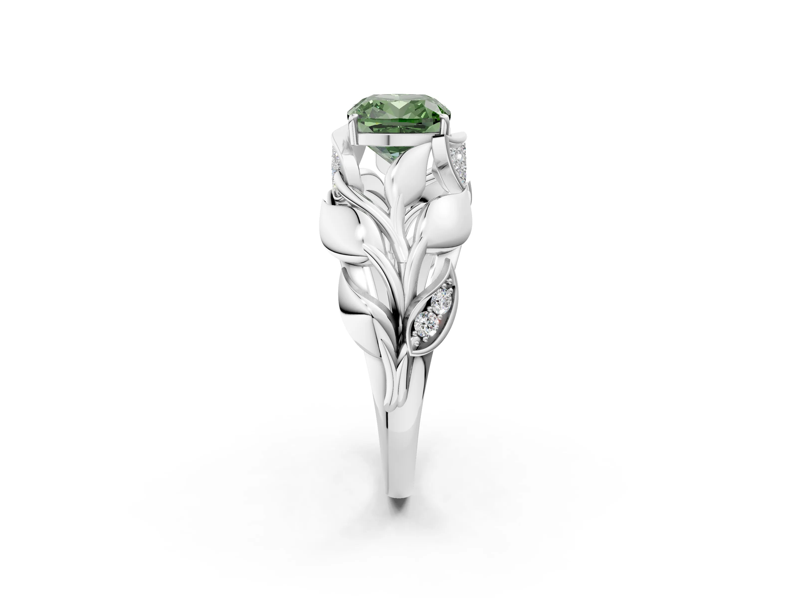 White gold Fancy Green Cushion Cut Solitaire Leaf-Inspired Engagement Ring with Prong Setting_2
