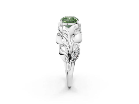 White gold Fancy Green Cushion Cut Solitaire Leaf-Inspired Engagement Ring with Prong Setting_2