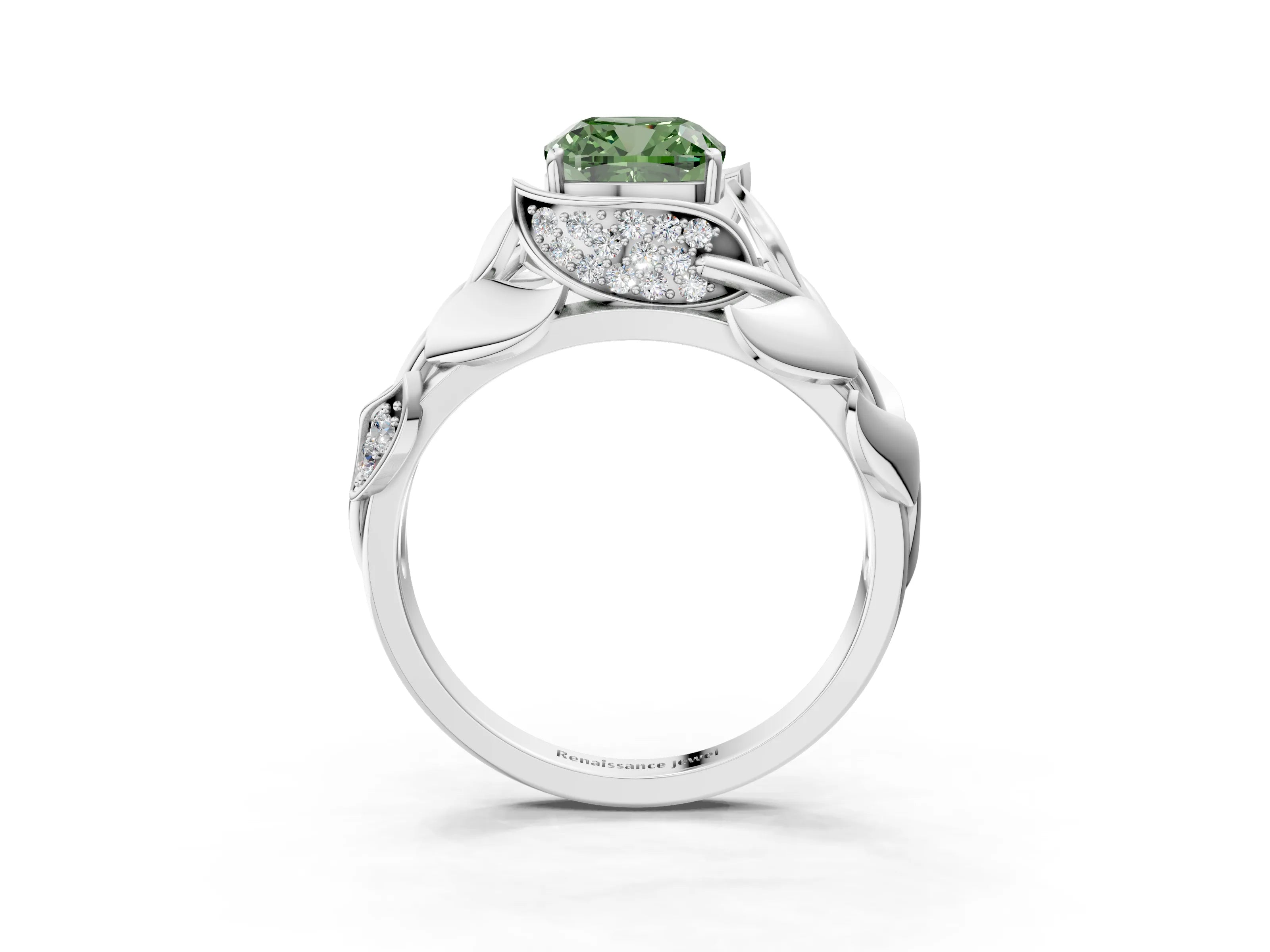 White gold Fancy Green Cushion Cut Solitaire Leaf-Inspired Engagement Ring with Prong Setting_3