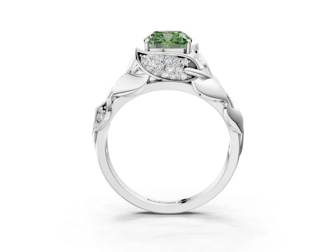 White gold Fancy Green Cushion Cut Solitaire Leaf-Inspired Engagement Ring with Prong Setting_3