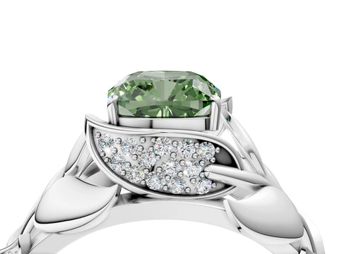 White gold Fancy Green Cushion Cut Solitaire Leaf-Inspired Engagement Ring with Prong Setting_4