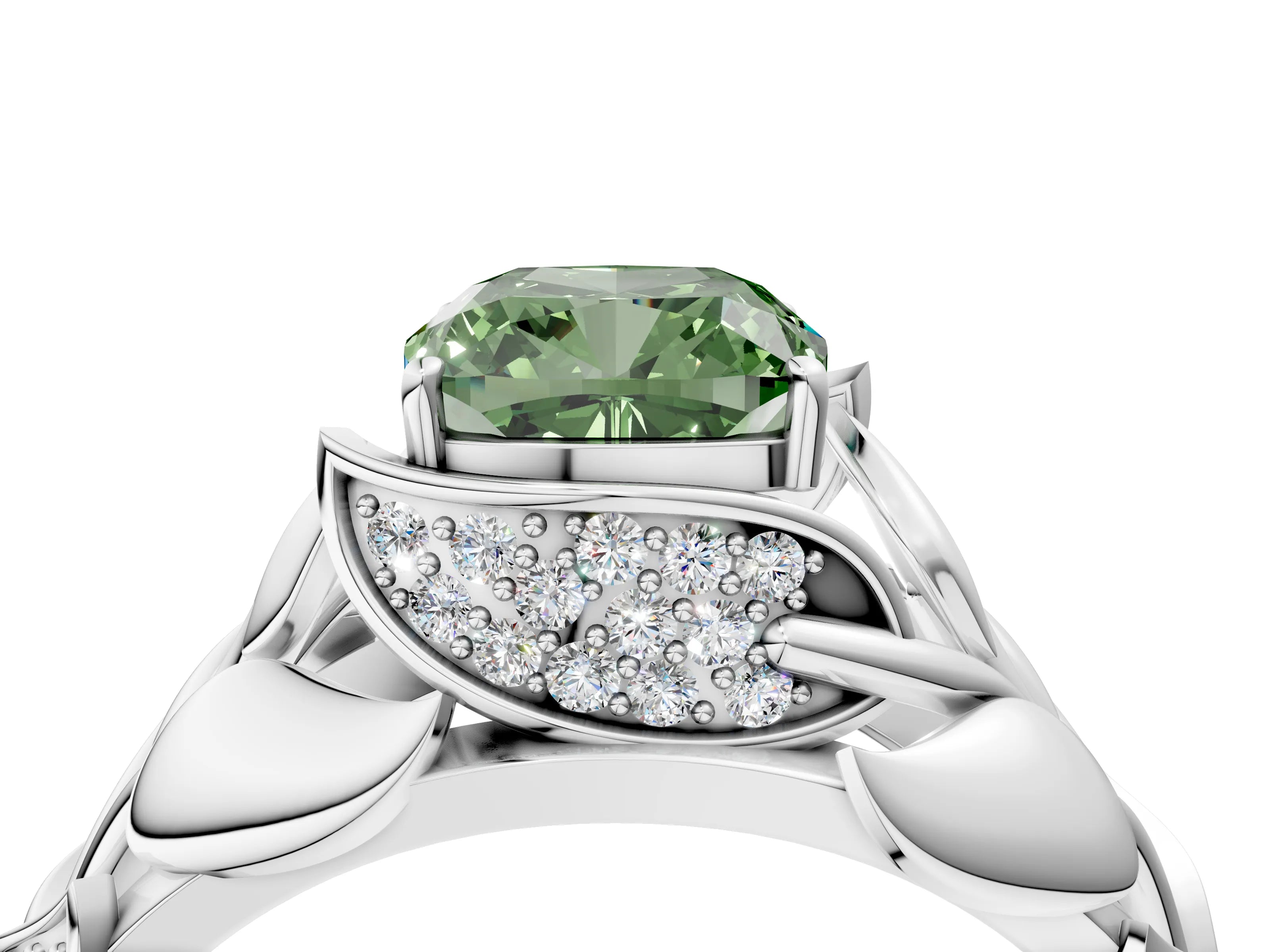 White gold Fancy Green Cushion Cut Solitaire Leaf-Inspired Engagement Ring with Prong Setting_4