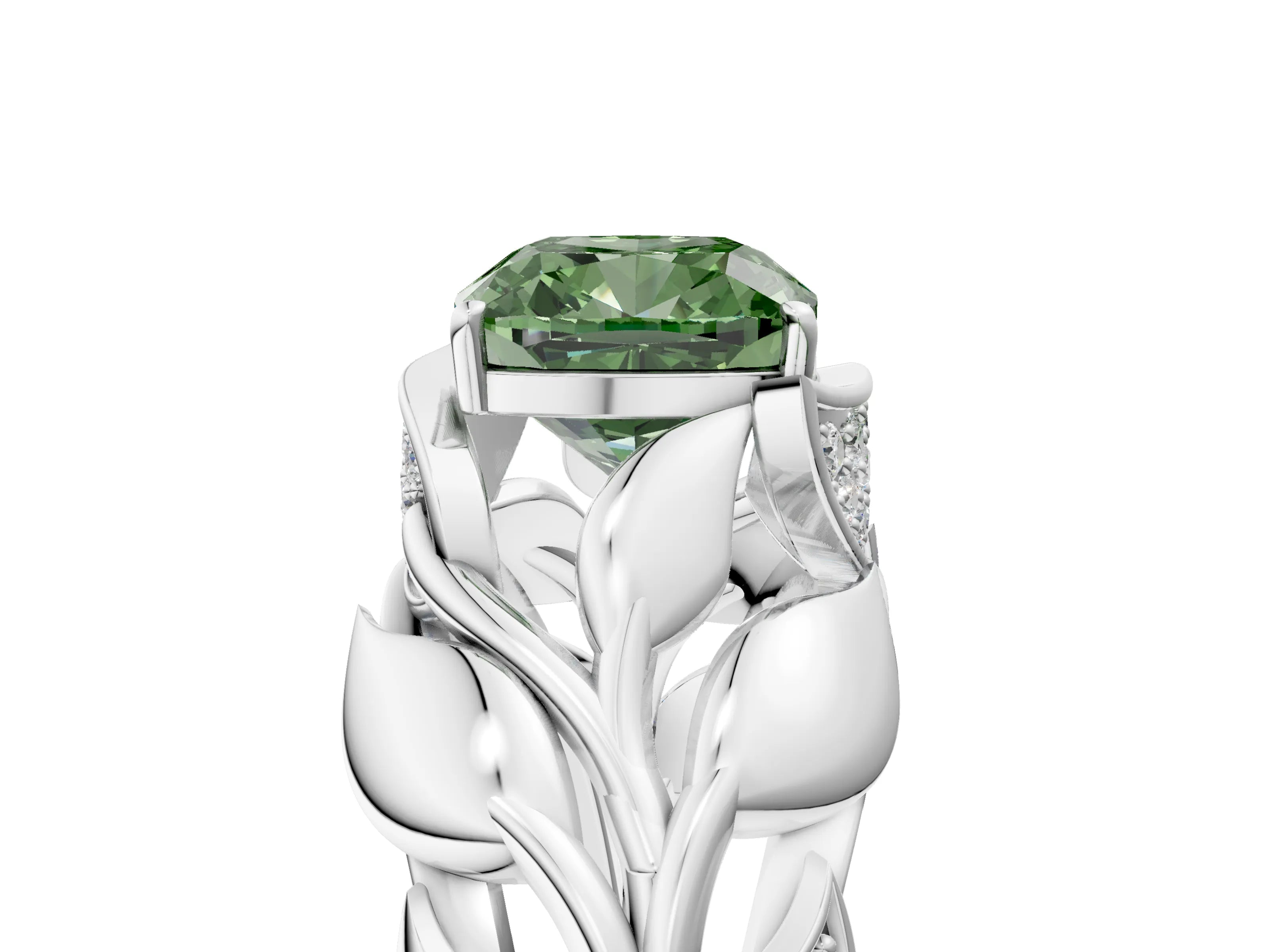 White gold Fancy Green Cushion Cut Solitaire Leaf-Inspired Engagement Ring with Prong Setting_5
